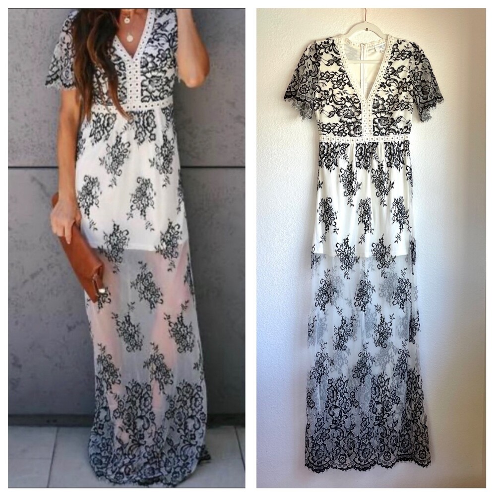 NWOT Peach Love California Lace Maxi Dress w Sheer Skirt in White & Black Size S
